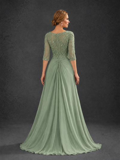 BOLODOO Sage Green Sweetheart Neck 3/4 Sleeve Floral Lace Illusion Bodice Chiffon A-Line Gown - Sage Green