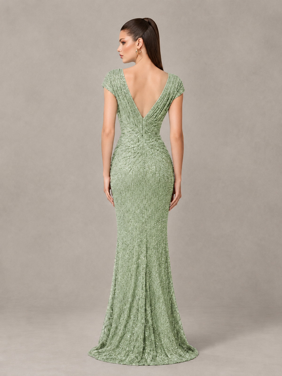 BOLODOO Sage Green Glitter V-Neck Cap Sleeve Ruched Mermaid Evening Gown - Sage Green - Sage Green_2