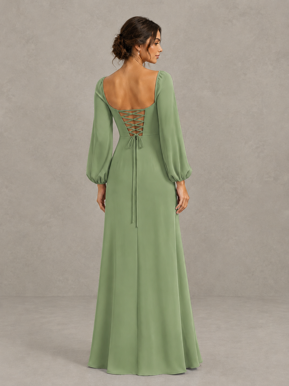 BOLODOO Sage Green Square Neck Long Sleeve Bridesmaid Dress with High Slit - Sage Green - Sage Green_2