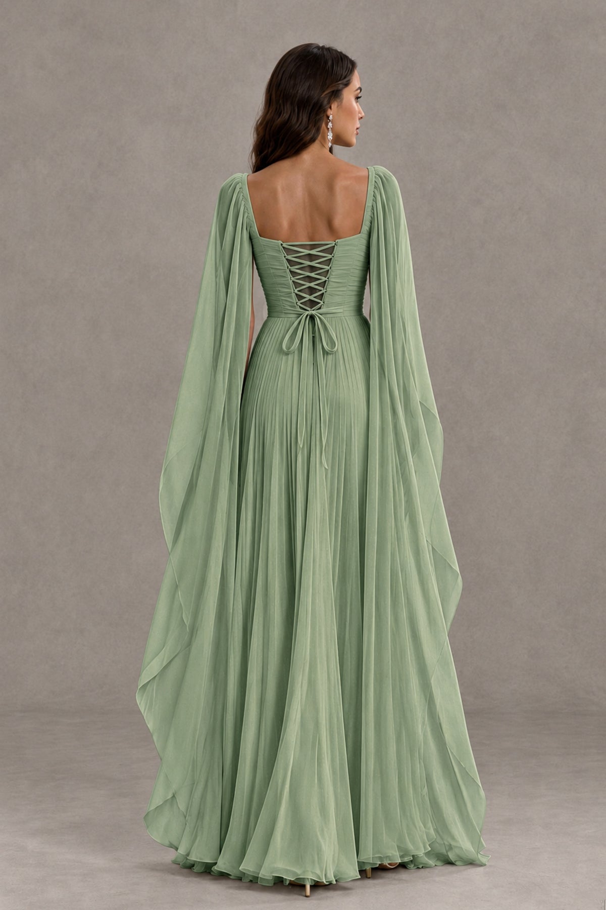 BOLODOO Sage Green Square Neck Cape Sleeve A-Line Evening Dress - Sage Green - Sage_Green_2