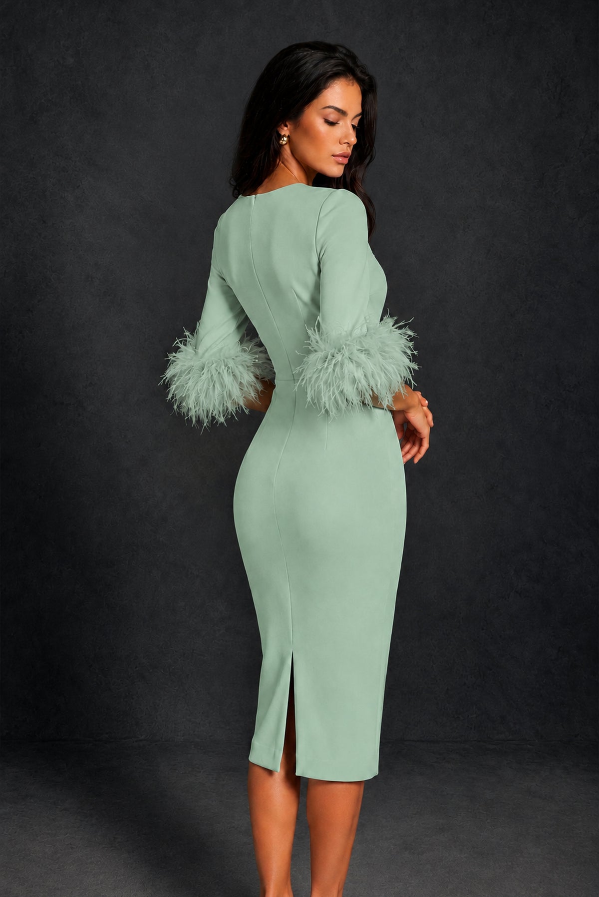 BOLODOO Sage Green Ostrich Feather Cuff 3/4 Sleeve Round Neck Bodycon Midi Dress with Back Slit - Sage Green