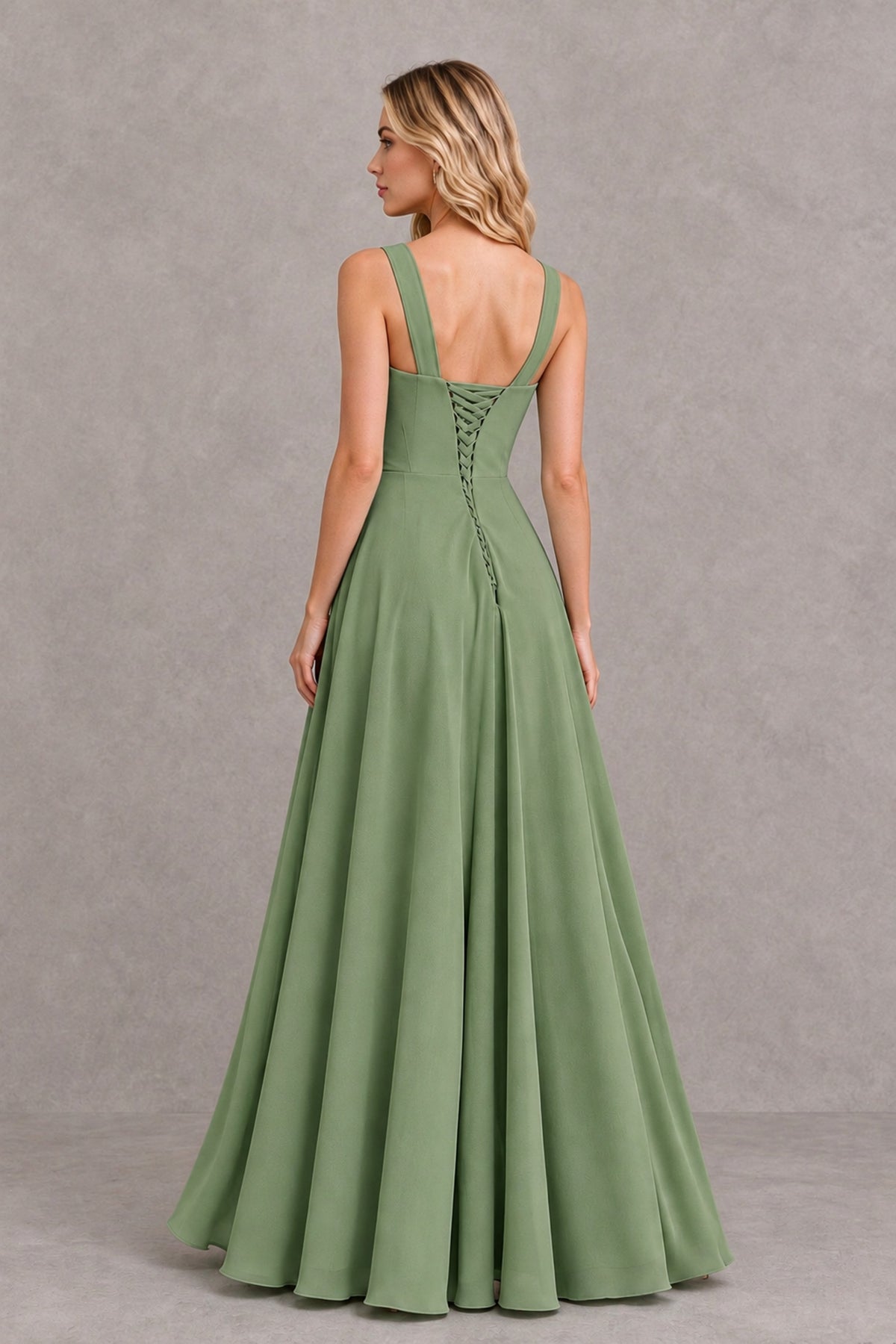BOLODOO Sage Green Square Neck Ruffle A-Line Bridesmaid Dress with Slit - Sage Green - Sage Green_2