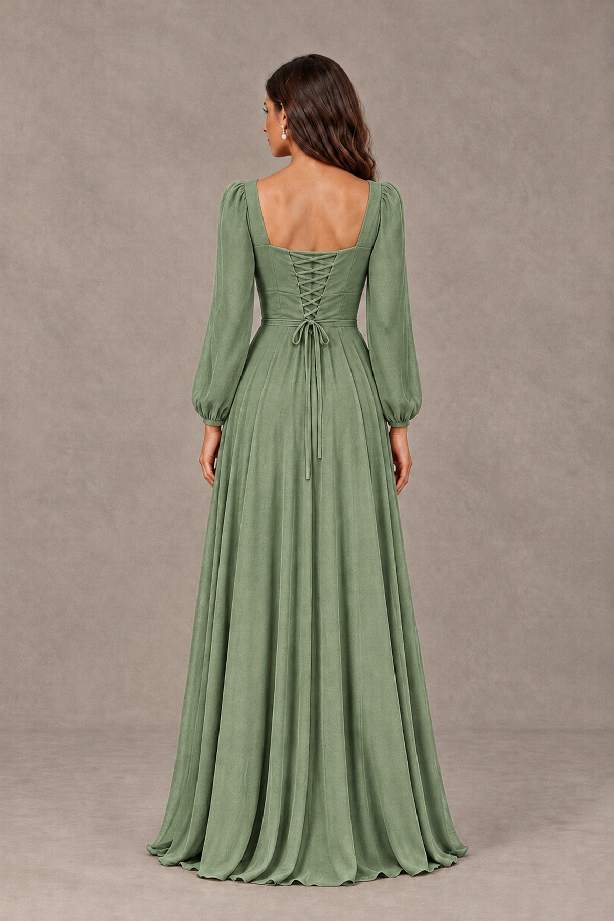 BOLODOO Sage Green Square Neck Long Sleeve A-Line Bridesmaid Dress - Sage Green - Sage Green_2