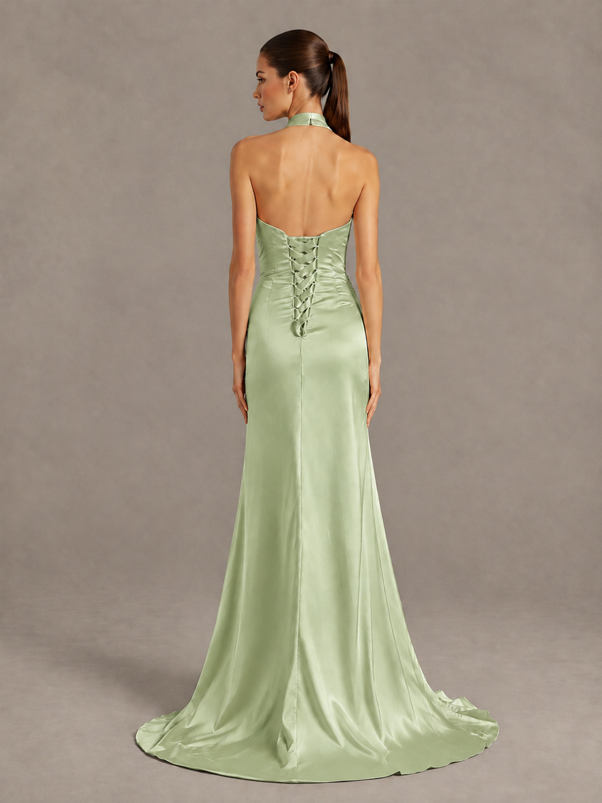BOLODOO Sage Green Halter Satin Evening & Prom Dress with High Slit - Sage Green - Sage Green_2