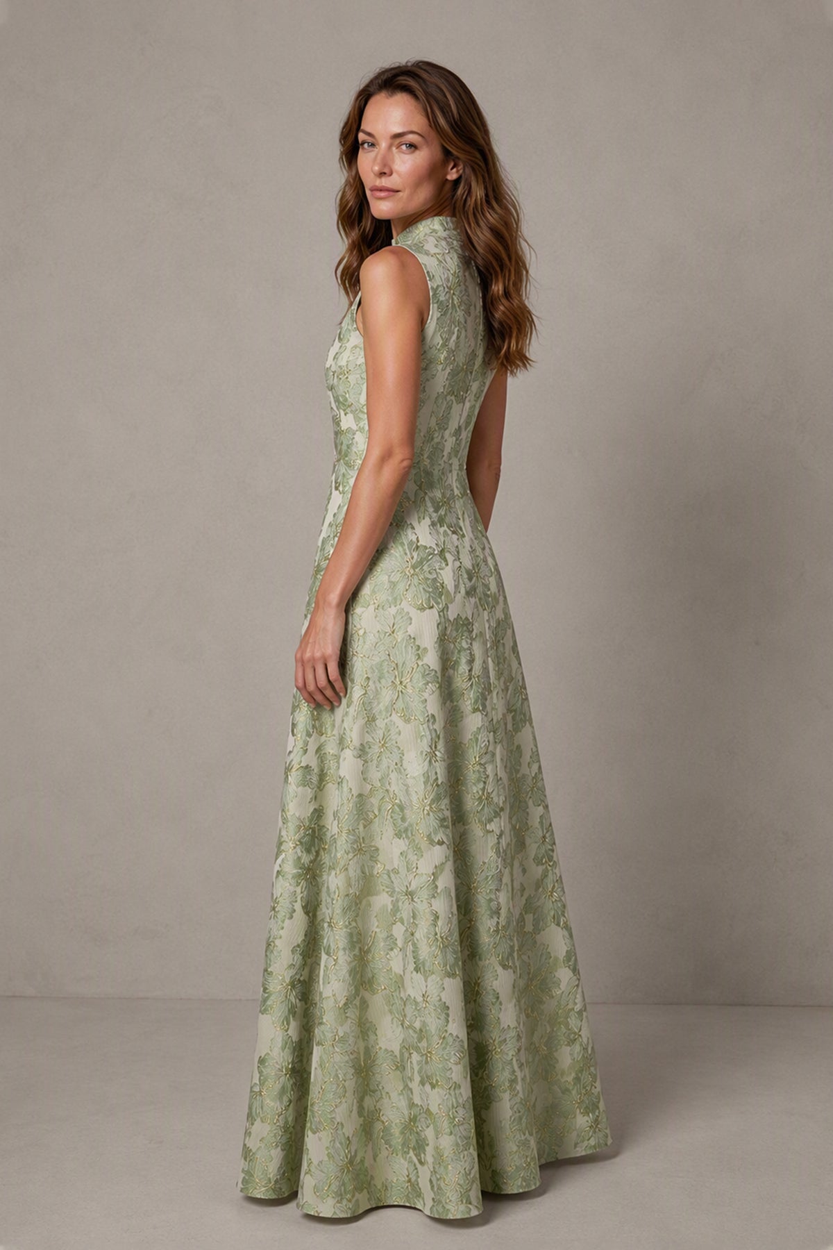 BOLODOO Sage Green Jacquard High Neck Sleeveless A-Line Maxi Dress – Wedding Guest & Formal Evening Gown - Sage Green
