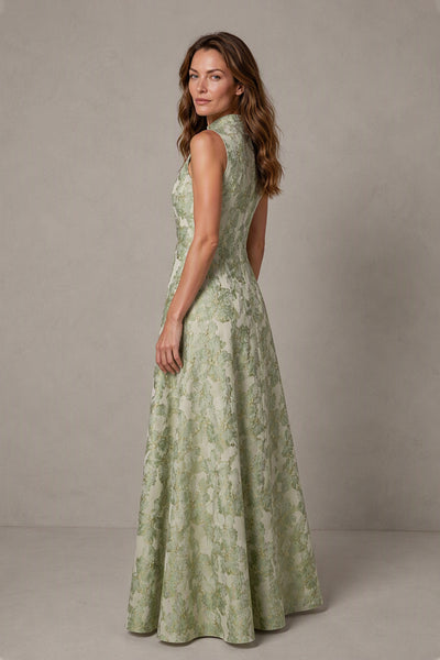 BOLODOO Sage Green Jacquard High Neck Sleeveless A-Line Maxi Dress – Wedding Guest & Formal Evening Gown - Sage Green
