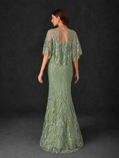 BOLODOO Mocha Rose Botanical Lace Flutter Sleeve Mermaid Gown - Sage Green - Sage Green
