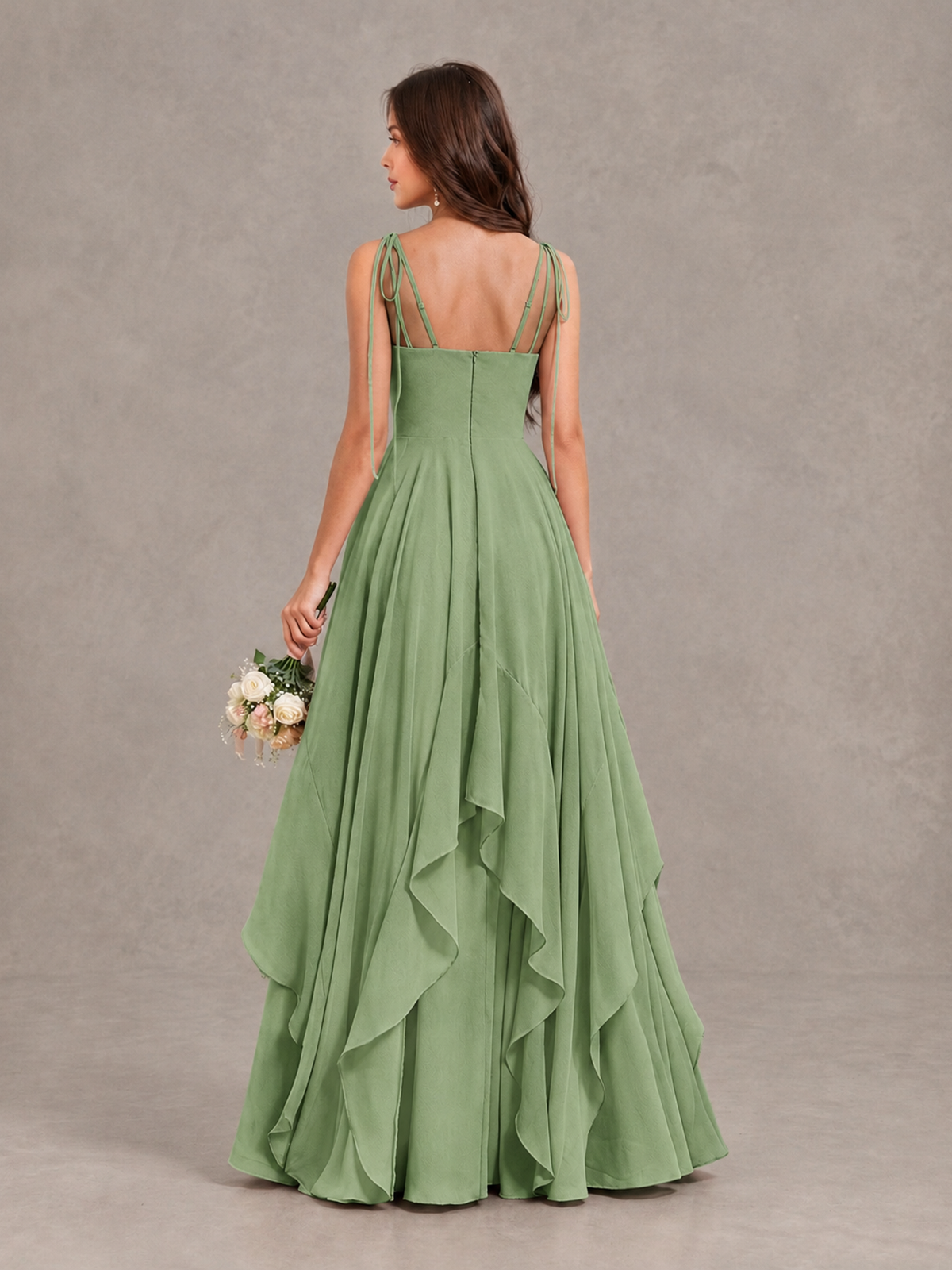 BOLODOO Sage Green Tie-Strap Ruffle A-Line Bridesmaid Dress - Sage Green - Sage Green_2