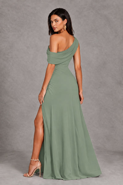 Sage Green One-Shoulder Floor-Length Evening Gown with High Slit - Sage Green