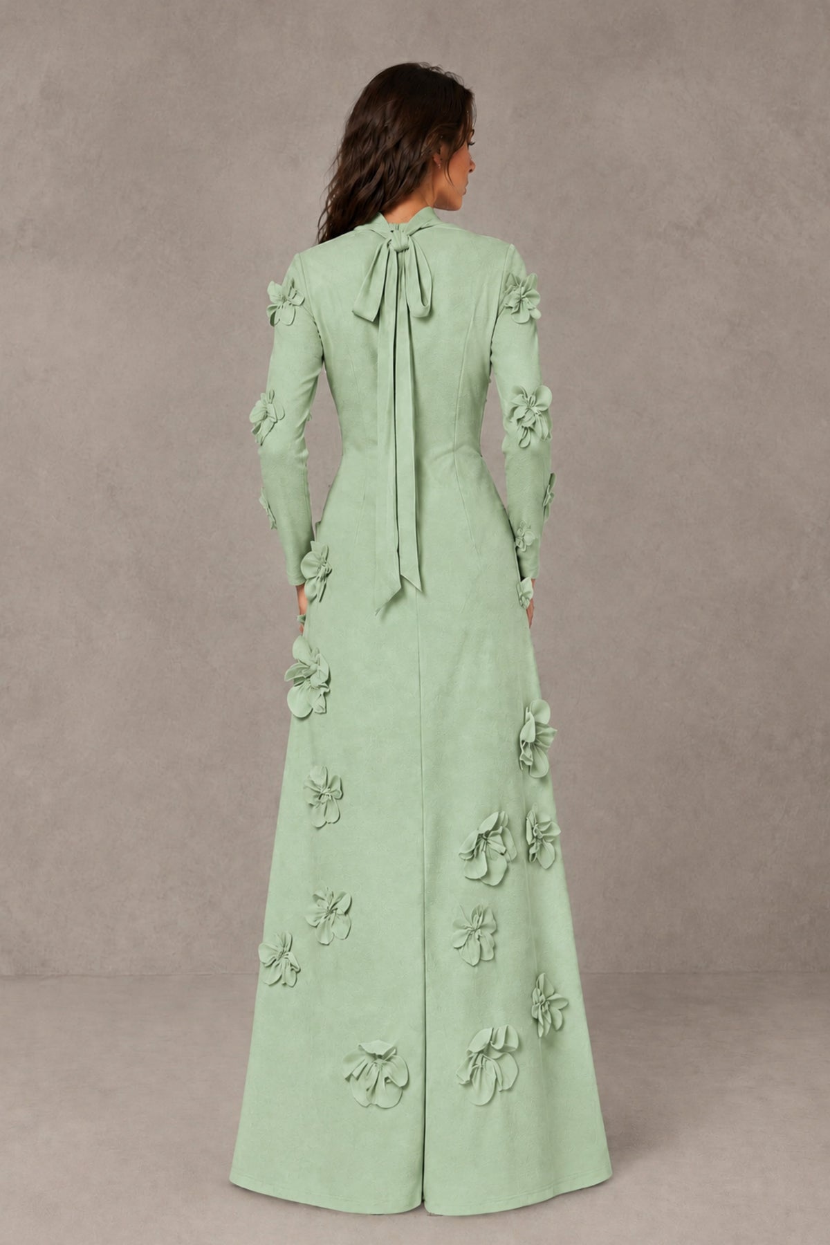 BOLODOO Sage Green High Neck Long Sleeve 3D Floral Evening Gown - Sage Green