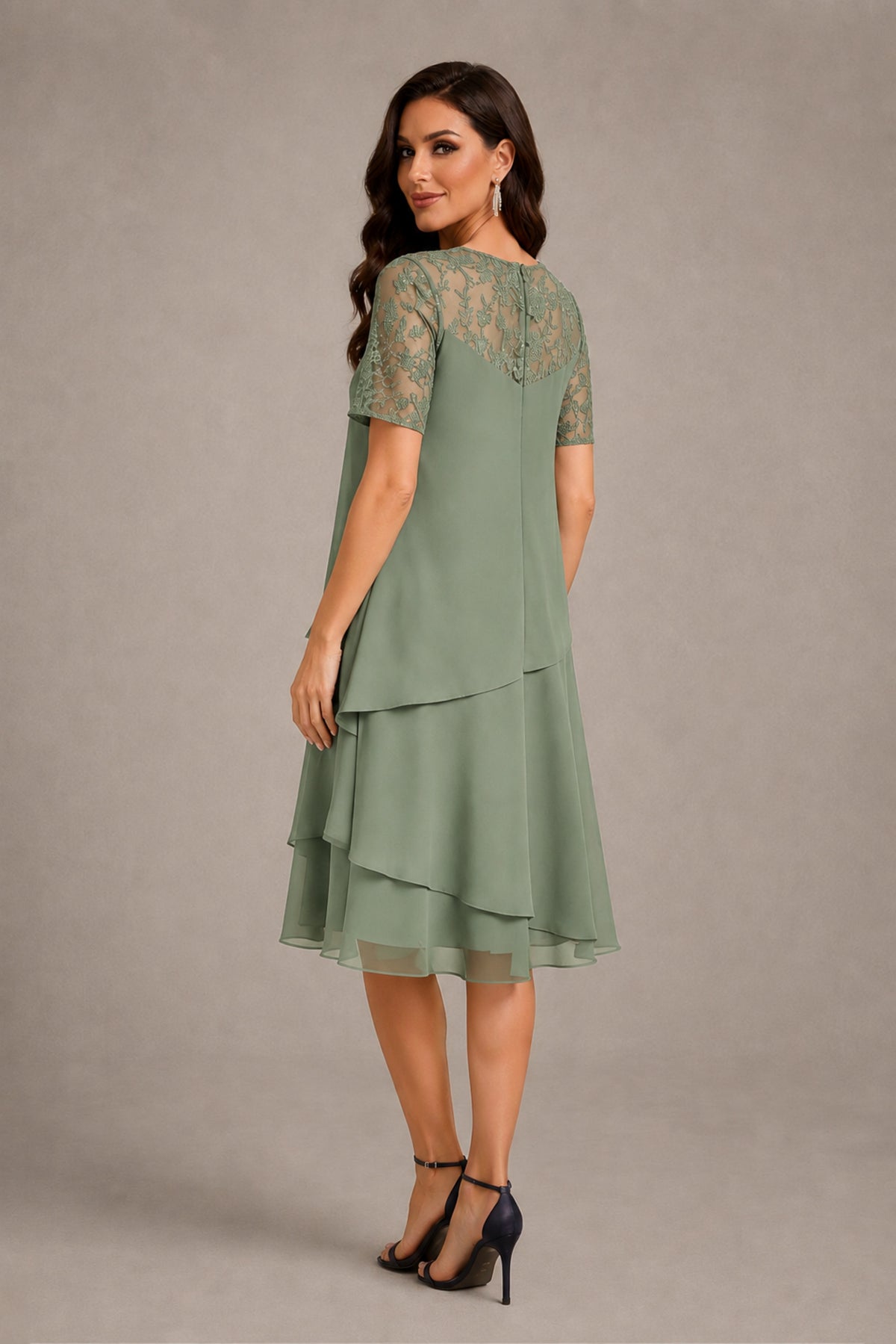 BOLODOO Sage Green Illusion Lace Short Sleeve Tiered Chiffon Tea Length Dress | Mother of the Bride Midi Dress - Sage Green