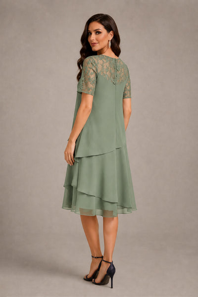 BOLODOO Sage Green Illusion Lace Short Sleeve Tiered Chiffon Tea Length Dress | Mother of the Bride Midi Dress - Sage Green