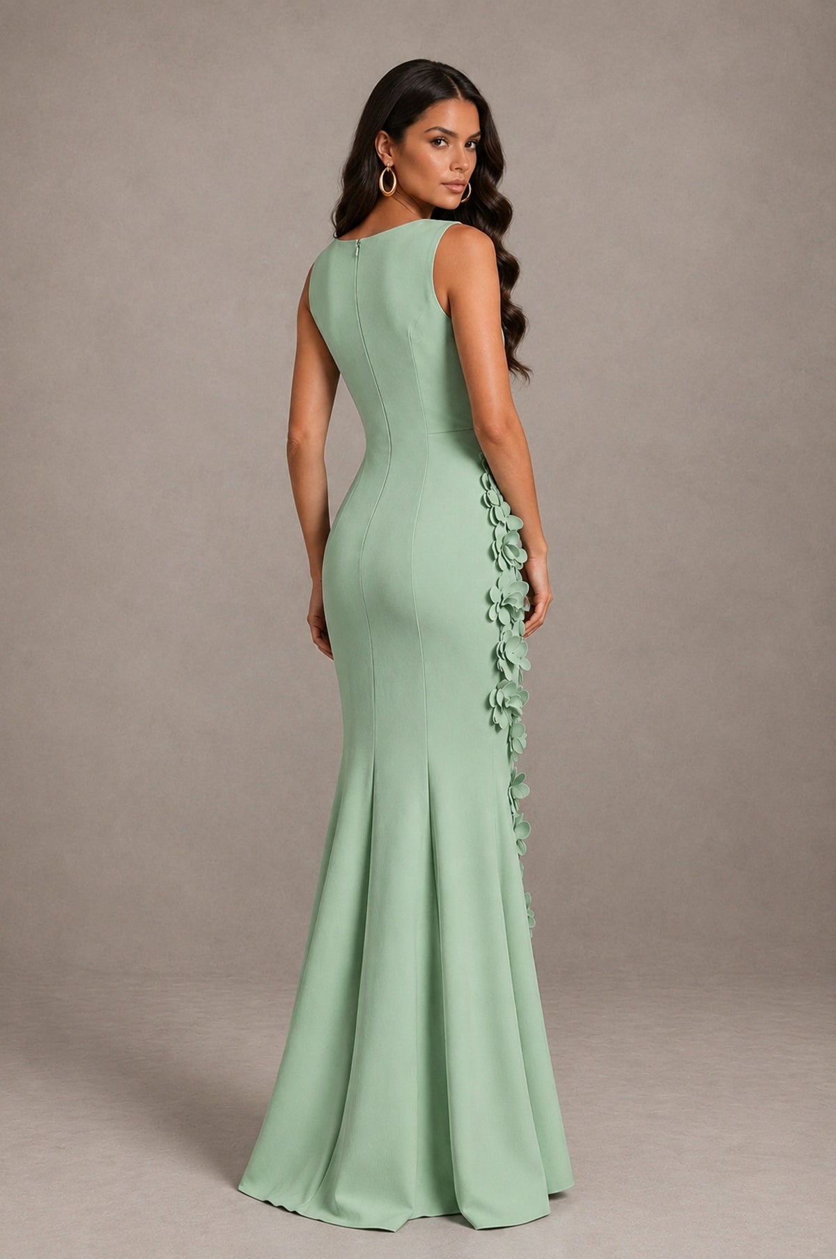 BOLODOO Sage Green Bateau Neck Sleeveless Asymmetric Peplum 3D Petal Appliqué Mermaid Gown BD0421 - Sage Green - Sage Green_2