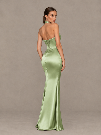 BOLODOO Sage Green Cross-Halter Ruched Satin-Look Evening Gown with High Slit - Sage Green - Sage Green_2