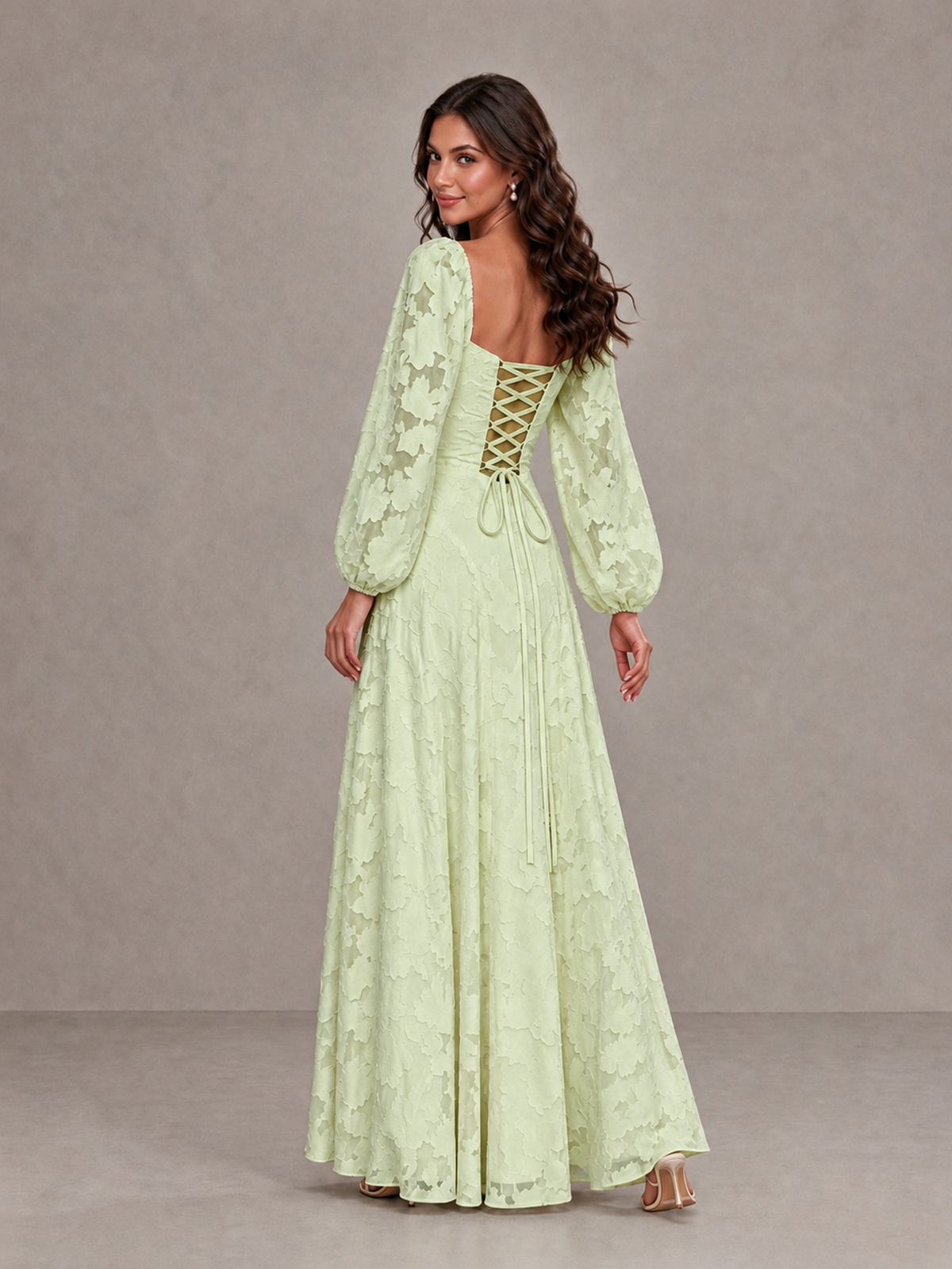 BOLODOO Sage Green Floral Long Sleeve A-Line Bridesmaid Dress - Sage Green - Sage Green_2