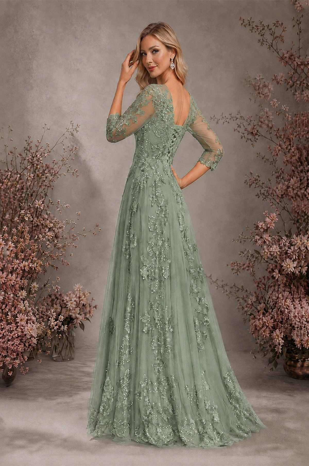 BOLODOO Sage Green Sequin Lace 3/4 Sleeve Open Back Formal Evening Gown - Sage Green