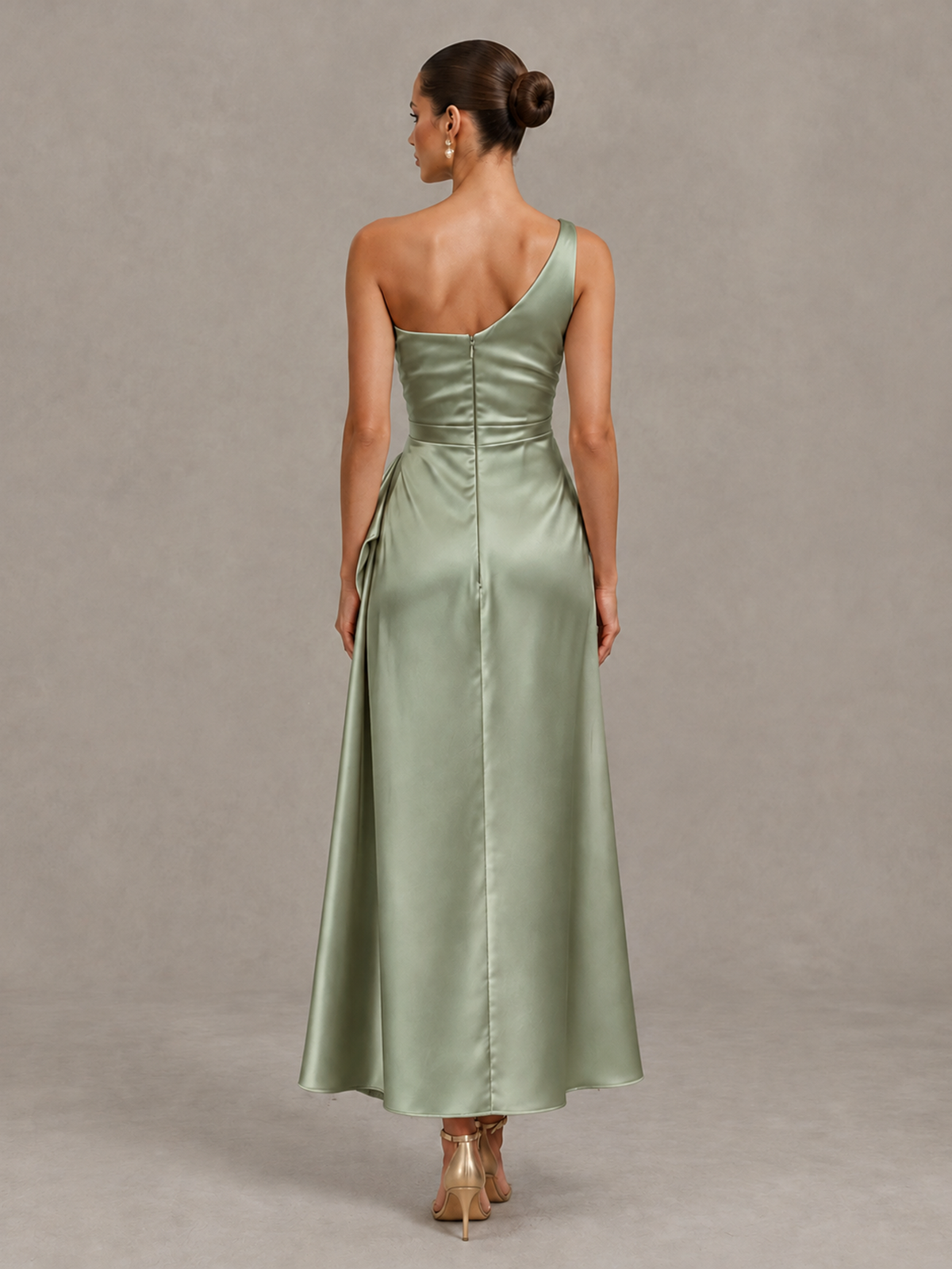 BOLODOO Sage Green One Shoulder Satin Cocktail Dress with Draped A-Line Skirt - Sage Green - Sage Green_2