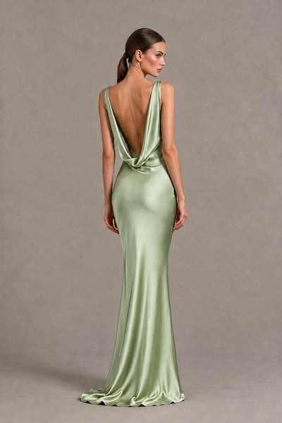 BOLODOO Sage Green Cowl Neck Backless Satin Mermaid Evening Dress - Sage Green - Sage Green_2