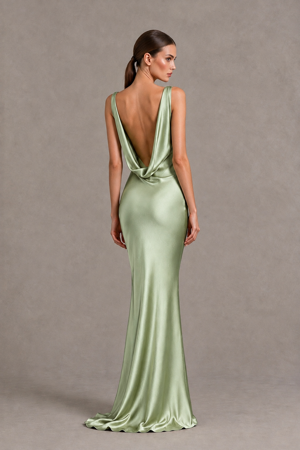 BOLODOO Sage Green Cowl Neck Backless Satin Mermaid Evening Dress - Sage Green - Sage Green_2