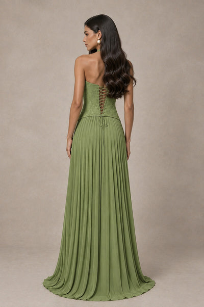 BOLODOO Sage Green Halter Corset Pleated A-Line Evening Dress - Sage Green - Sage Green_2
