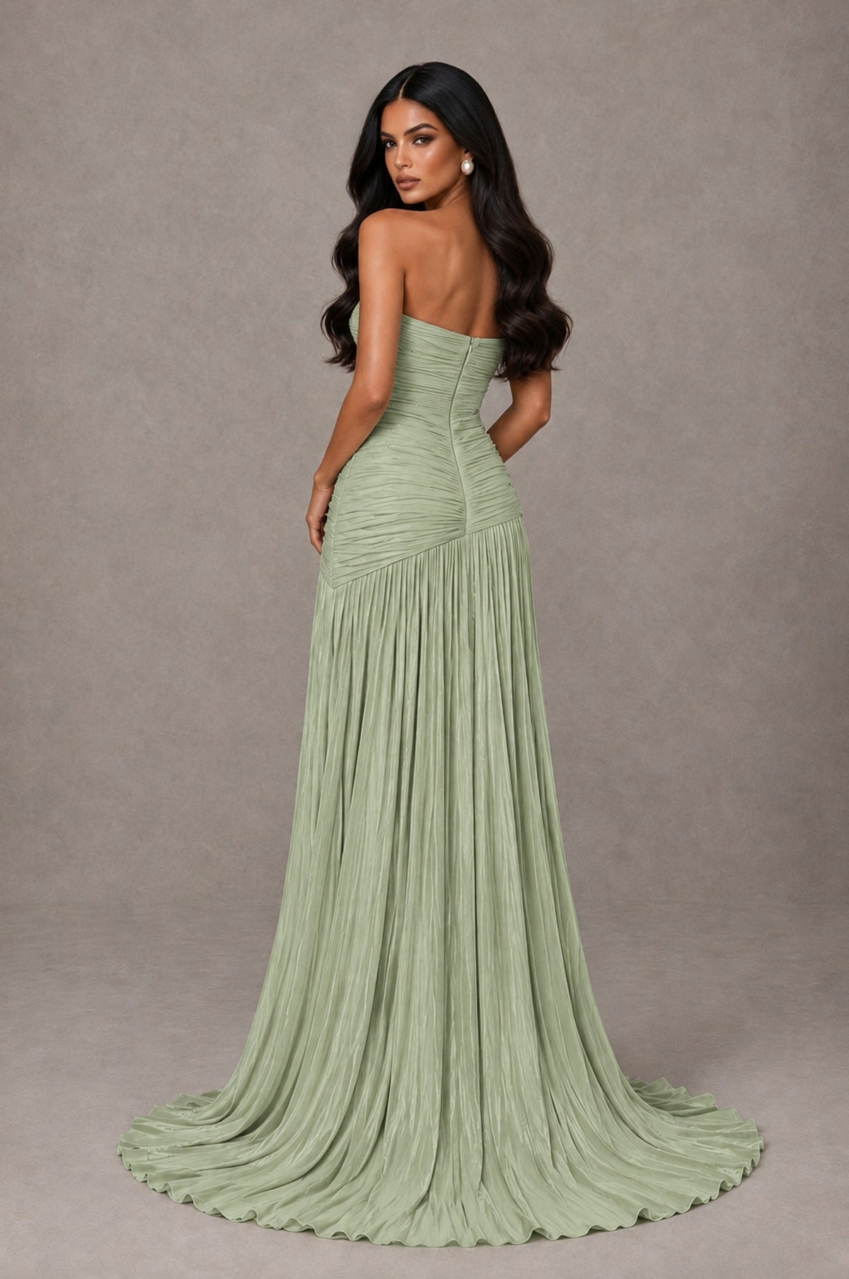 BOLODOO Sage Green Metallic Ruched Strapless Pleated A-Line Backless Maxi Dress with Train - Sage Green - Sage Green_2