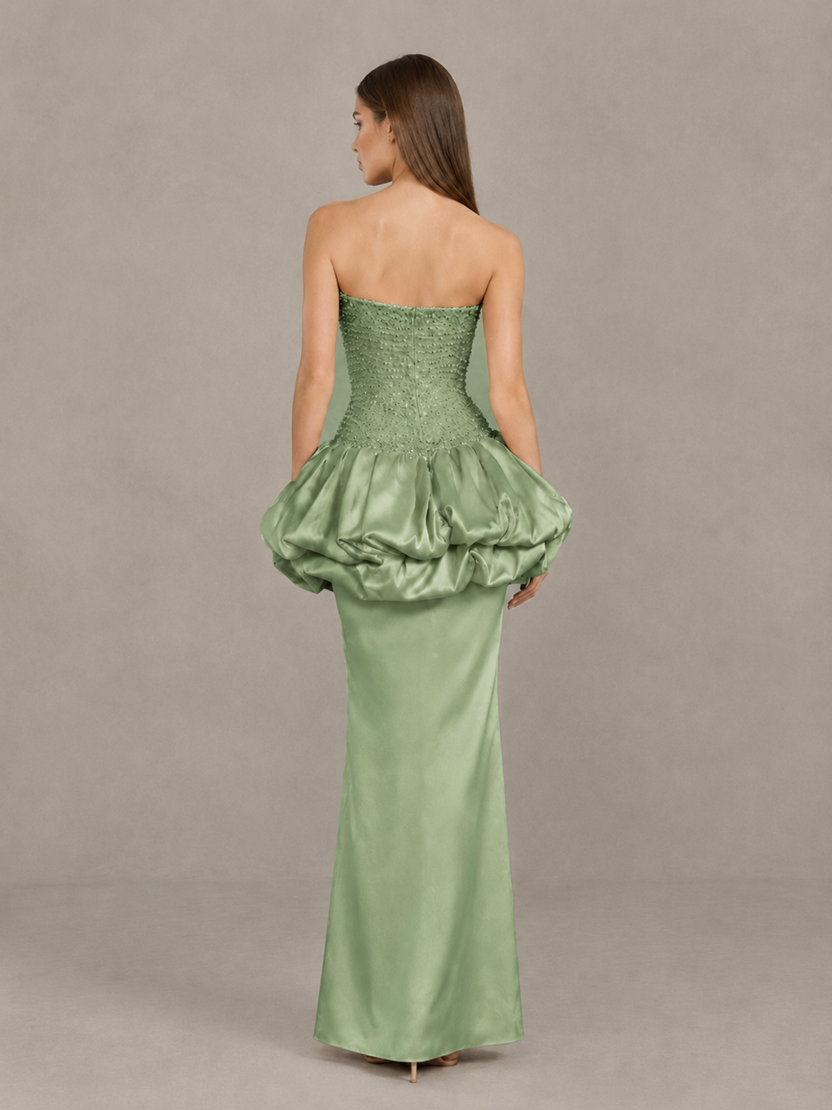 BOLODOO Sage Green Strapless Embellished Bubble Peplum Evening Dress - Sage Green - Sage Green_2