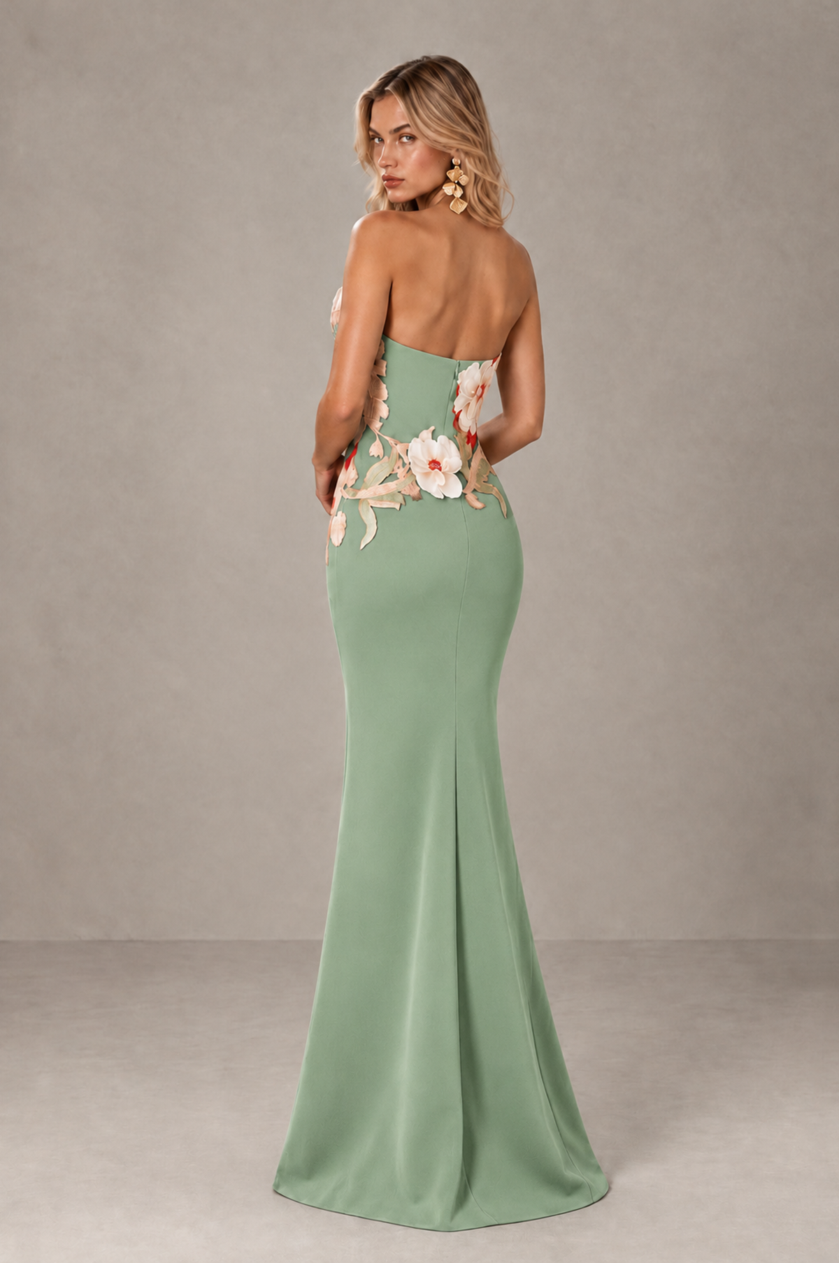 BOLODOO Sage Green Strapless Floral Mermaid Evening Dress with Slit - Sage Green - Sage_Green_2