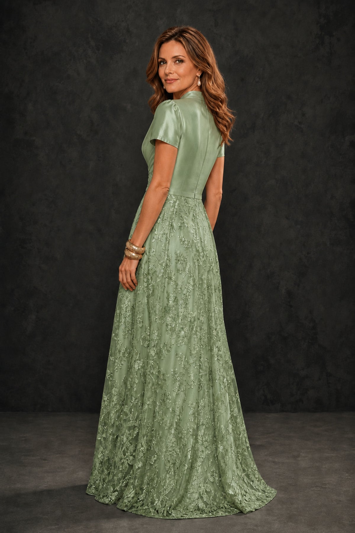 BOLODOO Sage Green Satin Wrap V-Neck Short Sleeve Lace Glitter A-Line Floor Length Evening Gown – Formal Dress - Sage Green