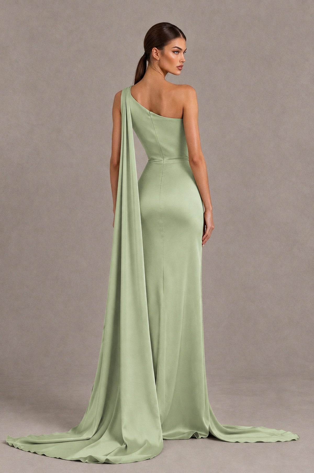BOLODOO Sage Green One Shoulder Satin Evening Dress with High Slit and Draped Cape Train - Sage Green - Sage Green_2