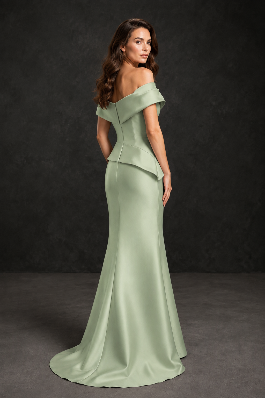 BOLODOO Sage Green Satin Off-Shoulder Sweetheart Asymmetric Peplum Mermaid Gown with Sage Green Floral Embroidery | MOB Evening Dress - Sage Green