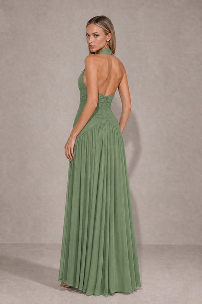 BOLODOO Sage Green Chiffon Halter Deep V-Neck Ruched A-Line Backless Maxi Dress with Train-BD0167 - Sage Green - Sage Green_2