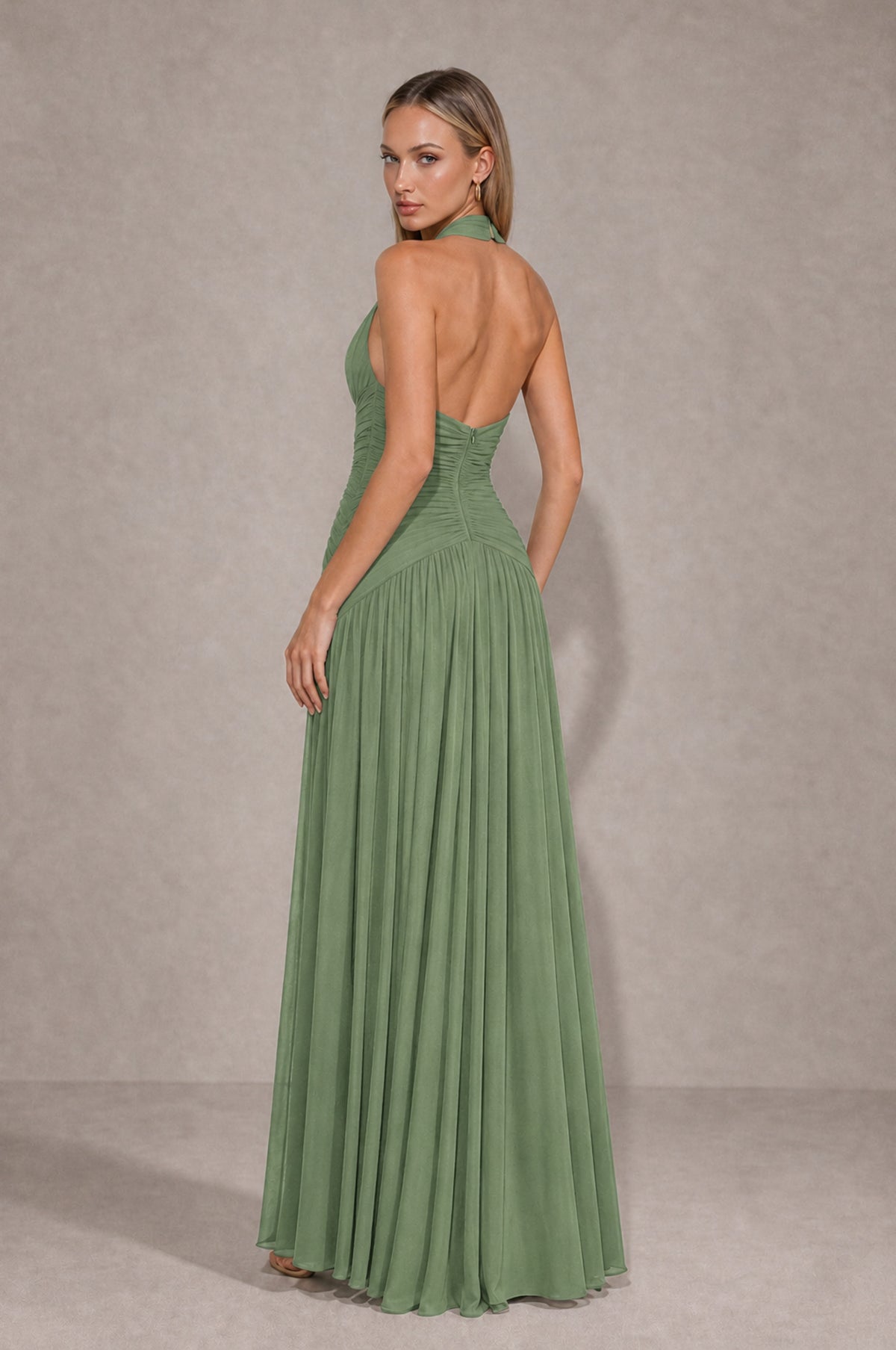 BOLODOO Sage Green Chiffon Halter Deep V-Neck Ruched A-Line Backless Maxi Dress with Train-BD0167 - Sage Green - Sage Green_2
