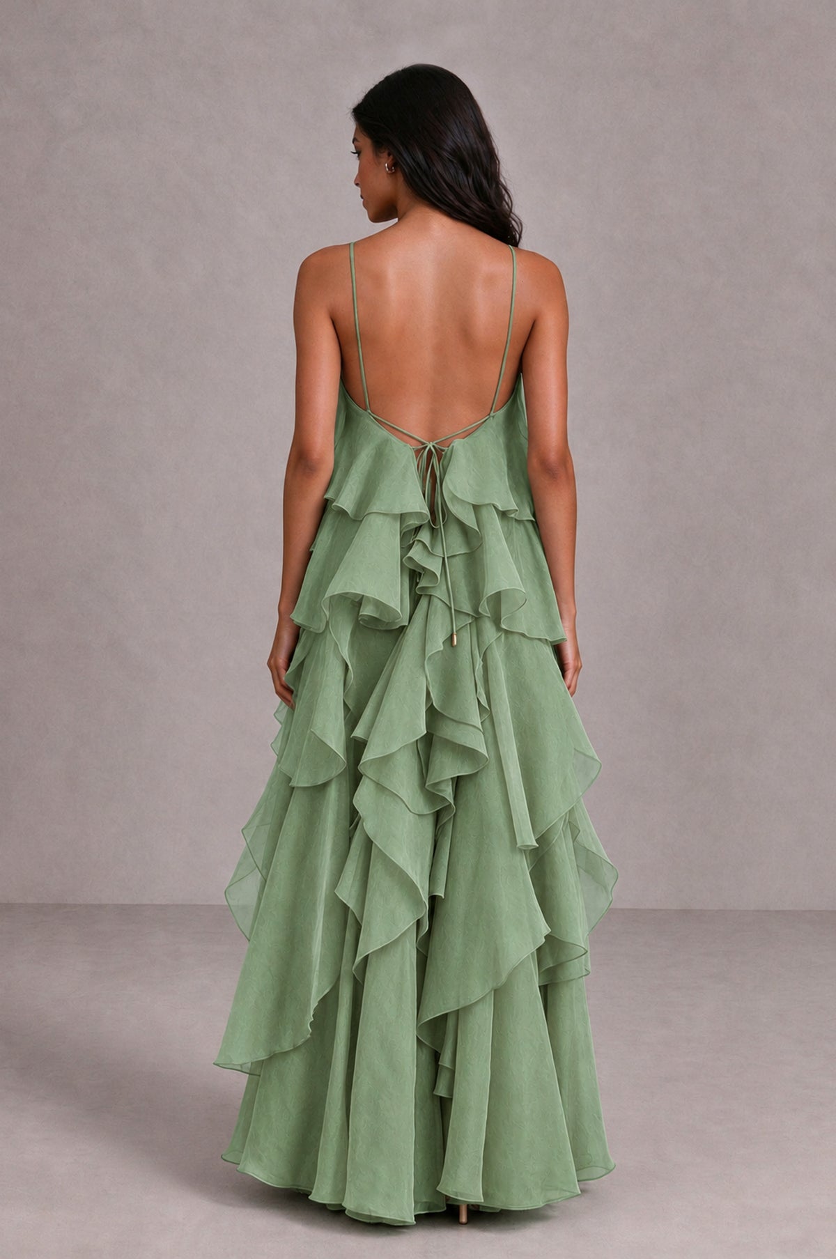 BOLODOO Sage Green Cascading Ruffle Rosette Open-Back Maxi Dress - Sage Green - Sage Green_2