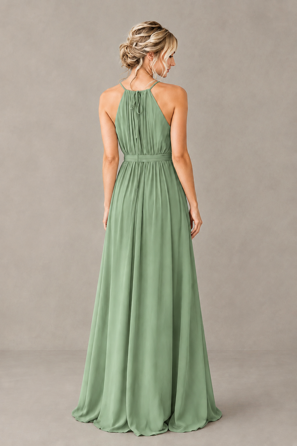 BOLODOO Sage Green Halter Chiffon Bridesmaid Dress with High Slit - Sage Green
