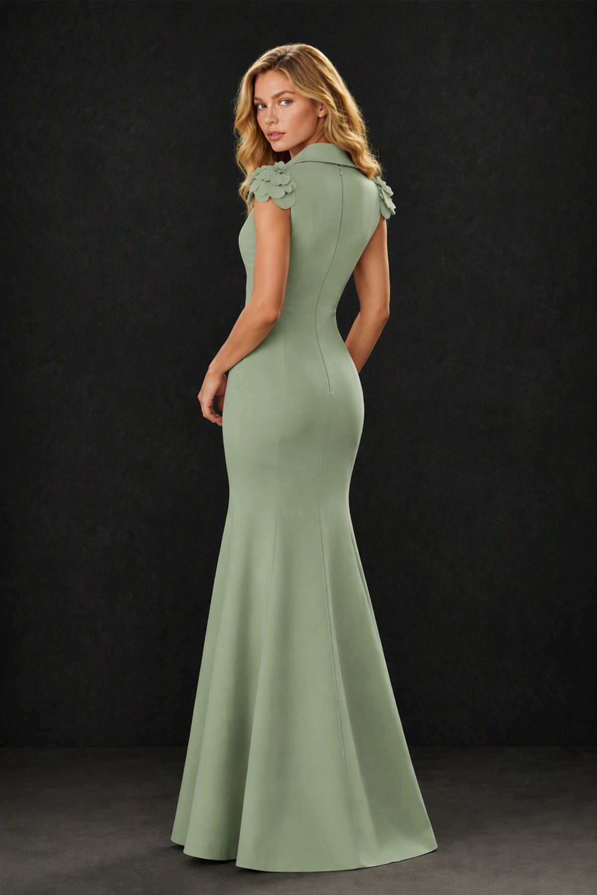 BOLODOO Sage Green 3D Floral Appliqué Deep V-Neck Cap Sleeve Mermaid Gown - Sage Green