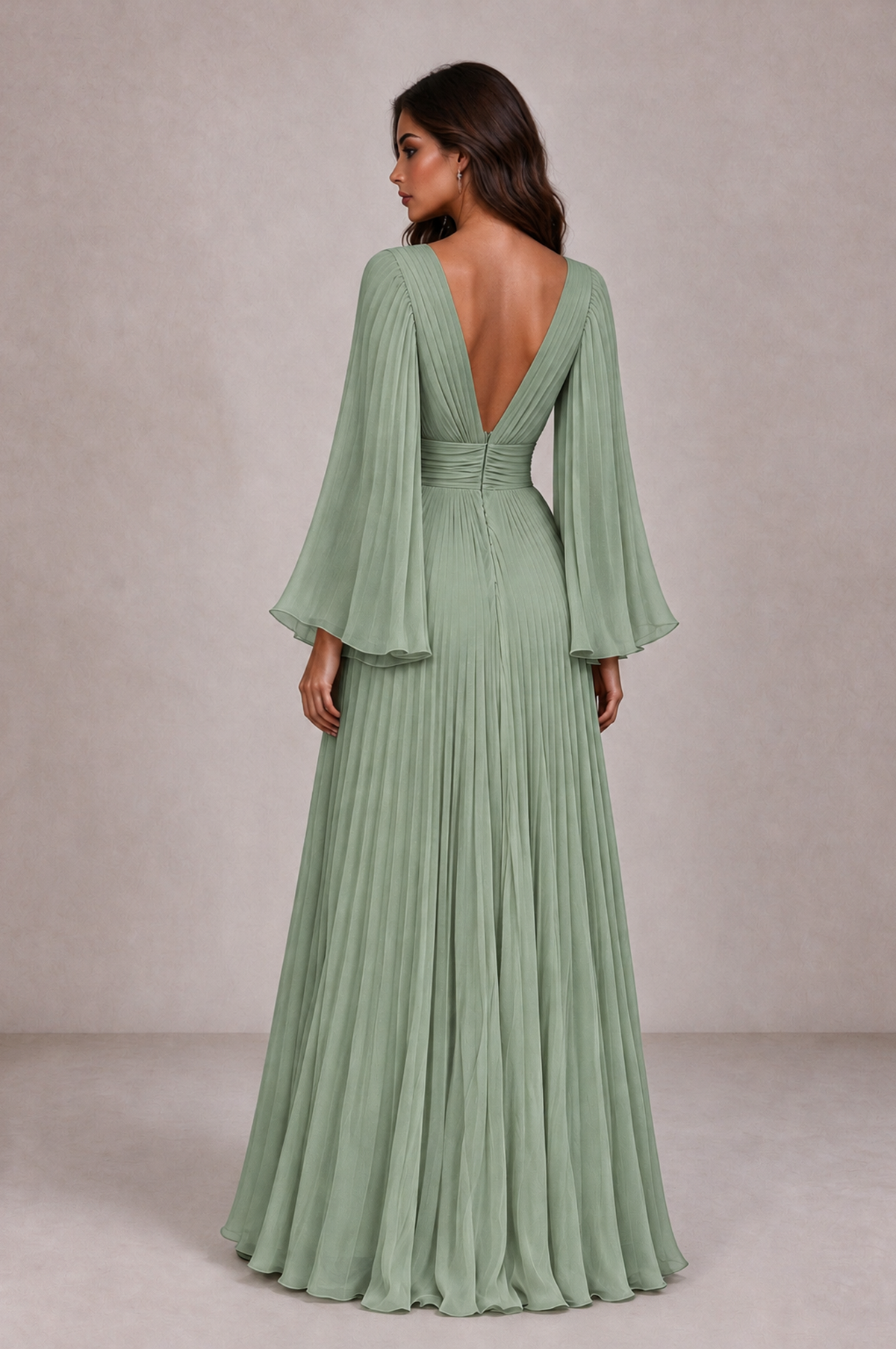 BOLODOO Sage Green Pleated Deep V-Neck Long Bell Sleeve Evening Dress - Sage Green - Sage_Green_2
