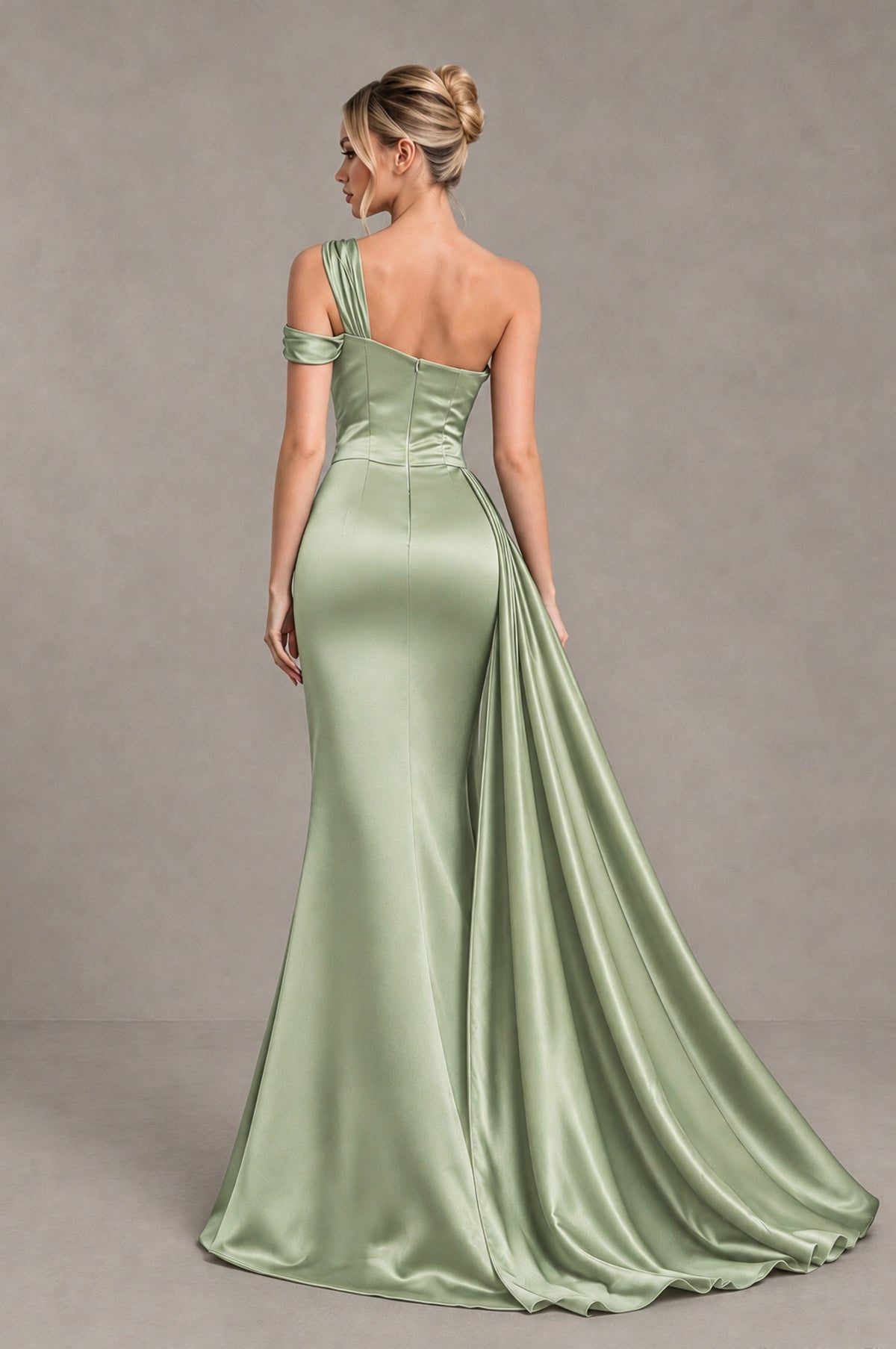 BOLODOO Sage Green Asymmetric Ruched Formal Evening Dress - Sage Green - Sage Green_2