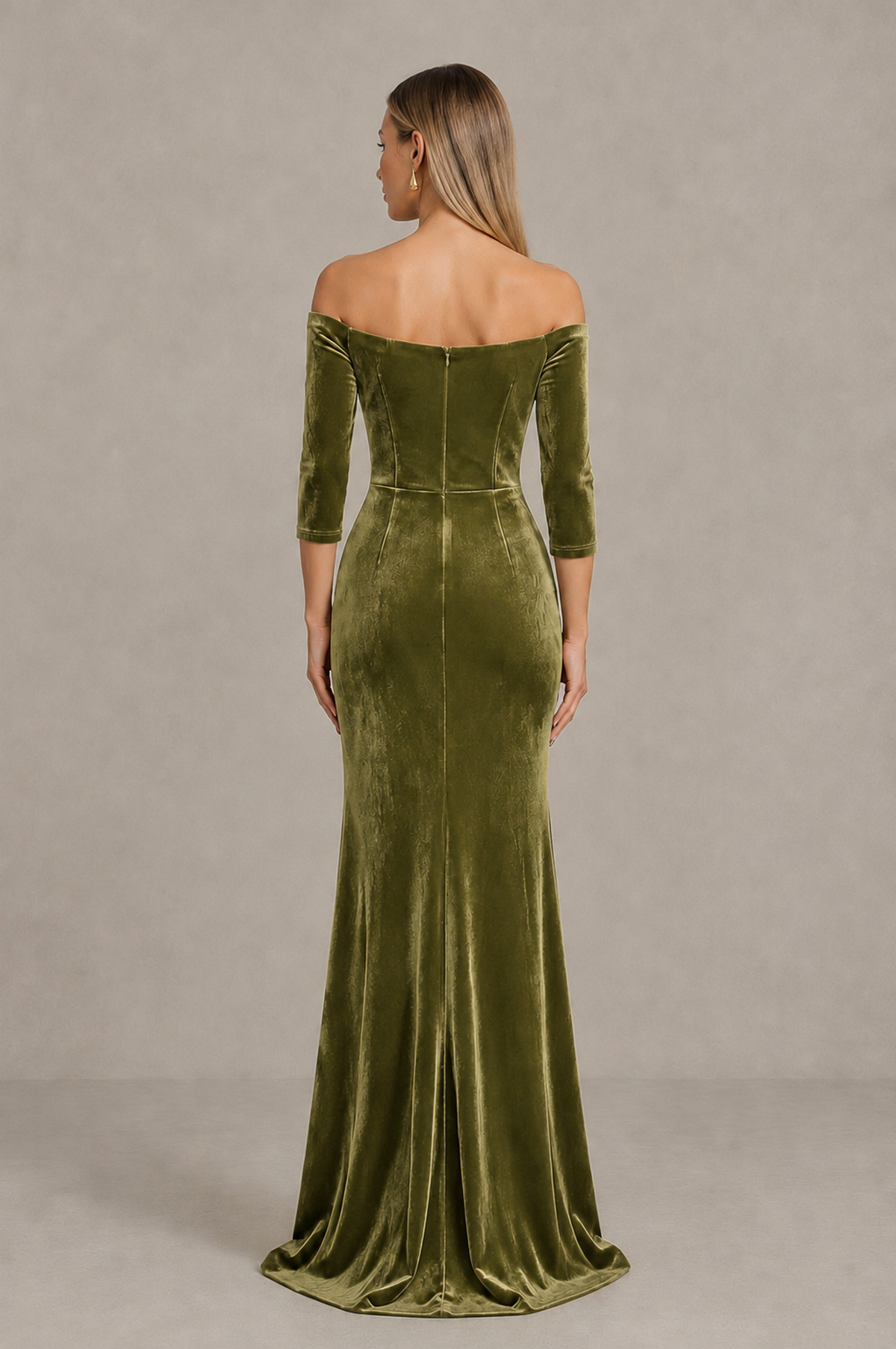 BOLODOO Sage Green Off-Shoulder Velvet Evening Dress with High Slit - Sage Green - Sage_Green_2