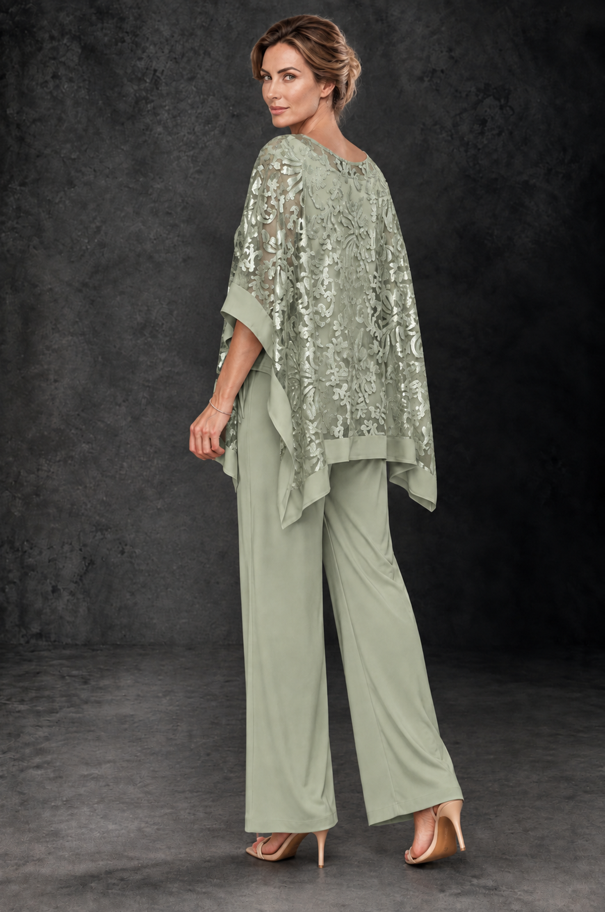 BOLODOO Sage Green Floral Cape Mother of the Bride Pant Suit - Sage Green - Sage_Green_2