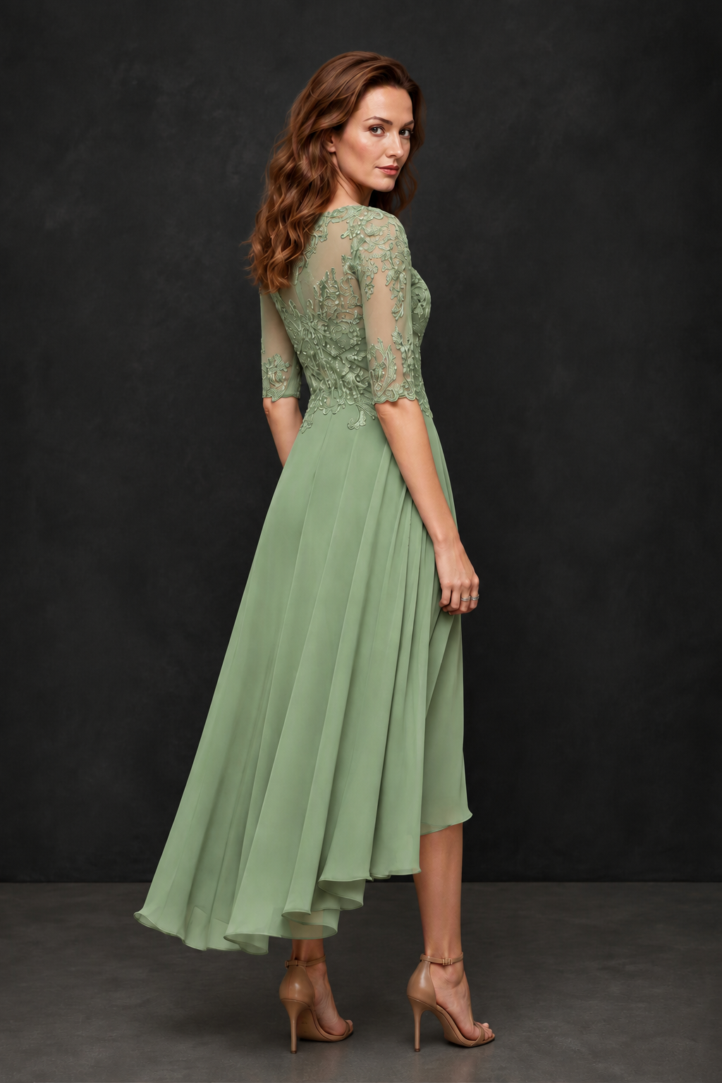 BOLODOO Sage Green Illusion Lace 3/4 Sleeve Hi-Lo Chiffon A-Line Dress | Mother of the Bride Tea Length Dress - Sage Green
