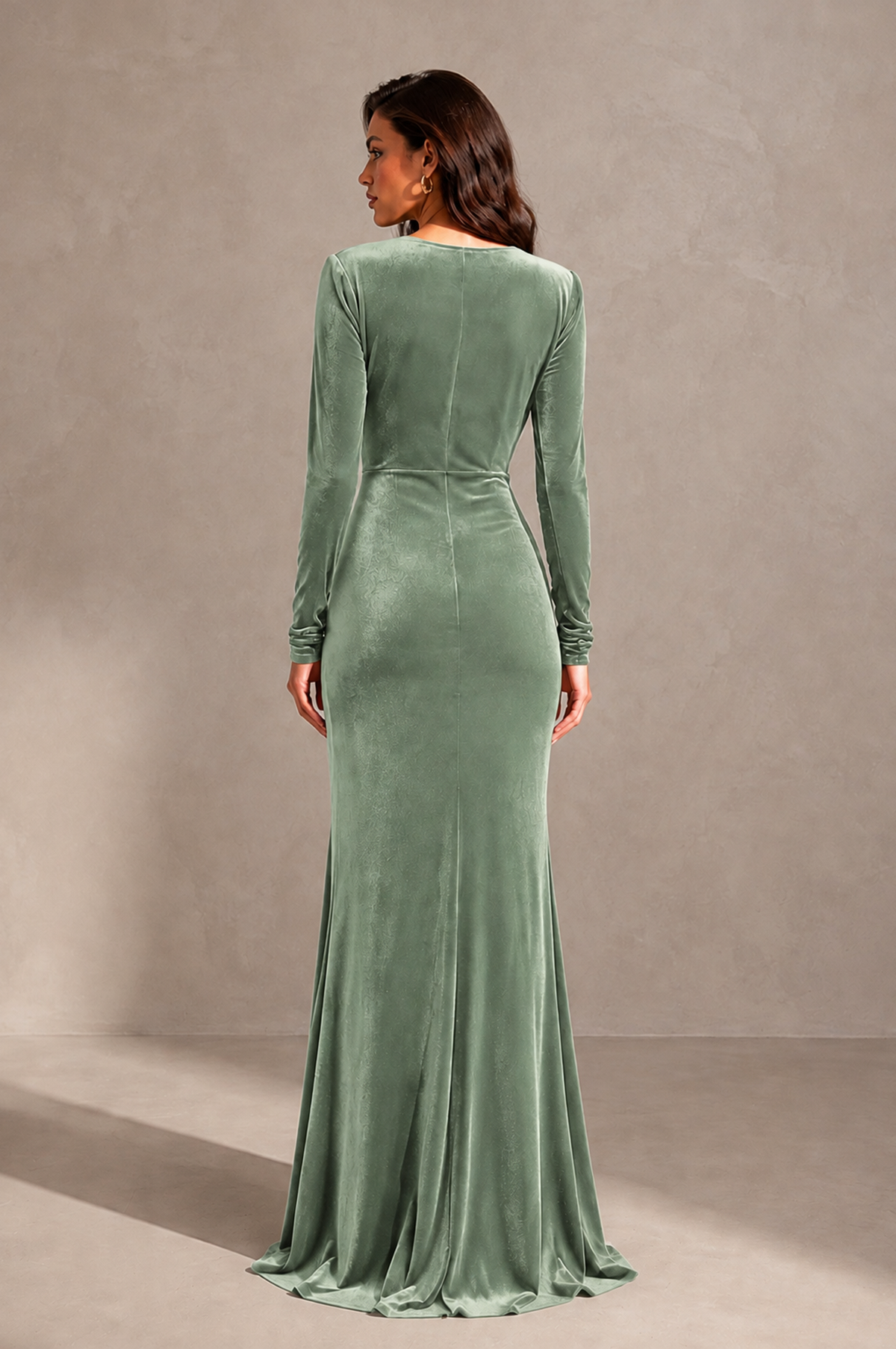 BOLODOO Sage Green Velvet Long Sleeve V-Neck Ruched Evening Gown - Sage Green