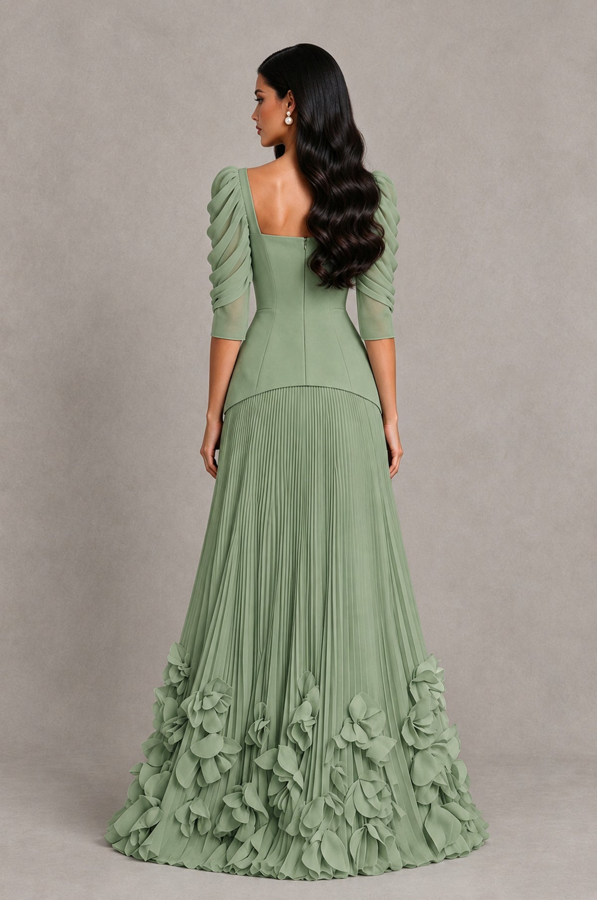 BOLODOO Sage Green Square Neck Pleated Floral Applique Evening Dress - Sage Green - Sage Green_2