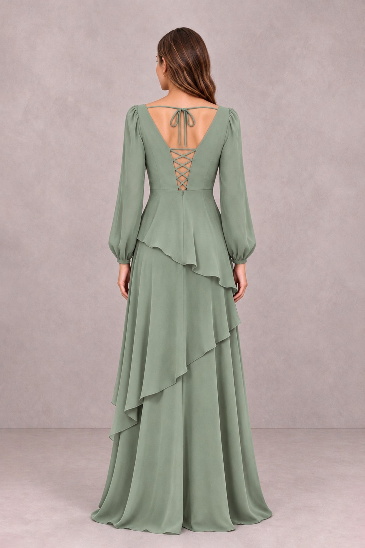 BOLODOO Sage Green Long Sleeve Ruffle Bridesmaid Dresses - Sage Green - Sage Green_2