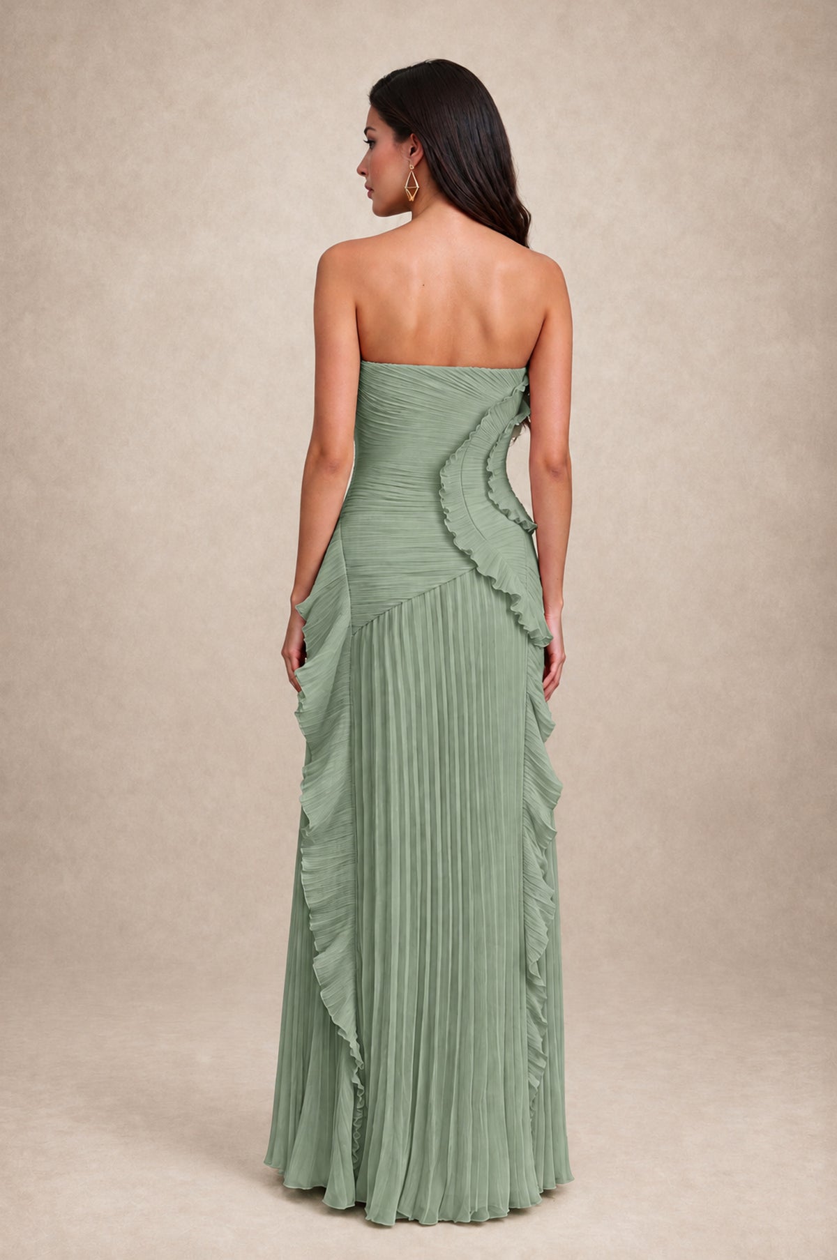 BOLODOO Sage Green Strapless Ruffle Pleated Slit Evening Gown - Sage Green - Sage Green_2