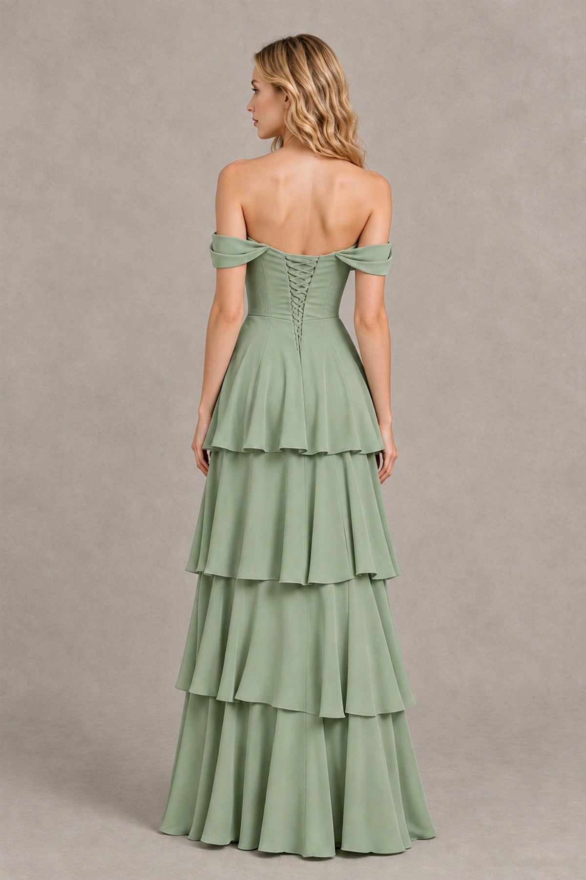 BOLODOO Sage Green Off-the-Shoulder Tiered A-Line Evening Bridesmaid Dress - Sage Green - Sage Green_2