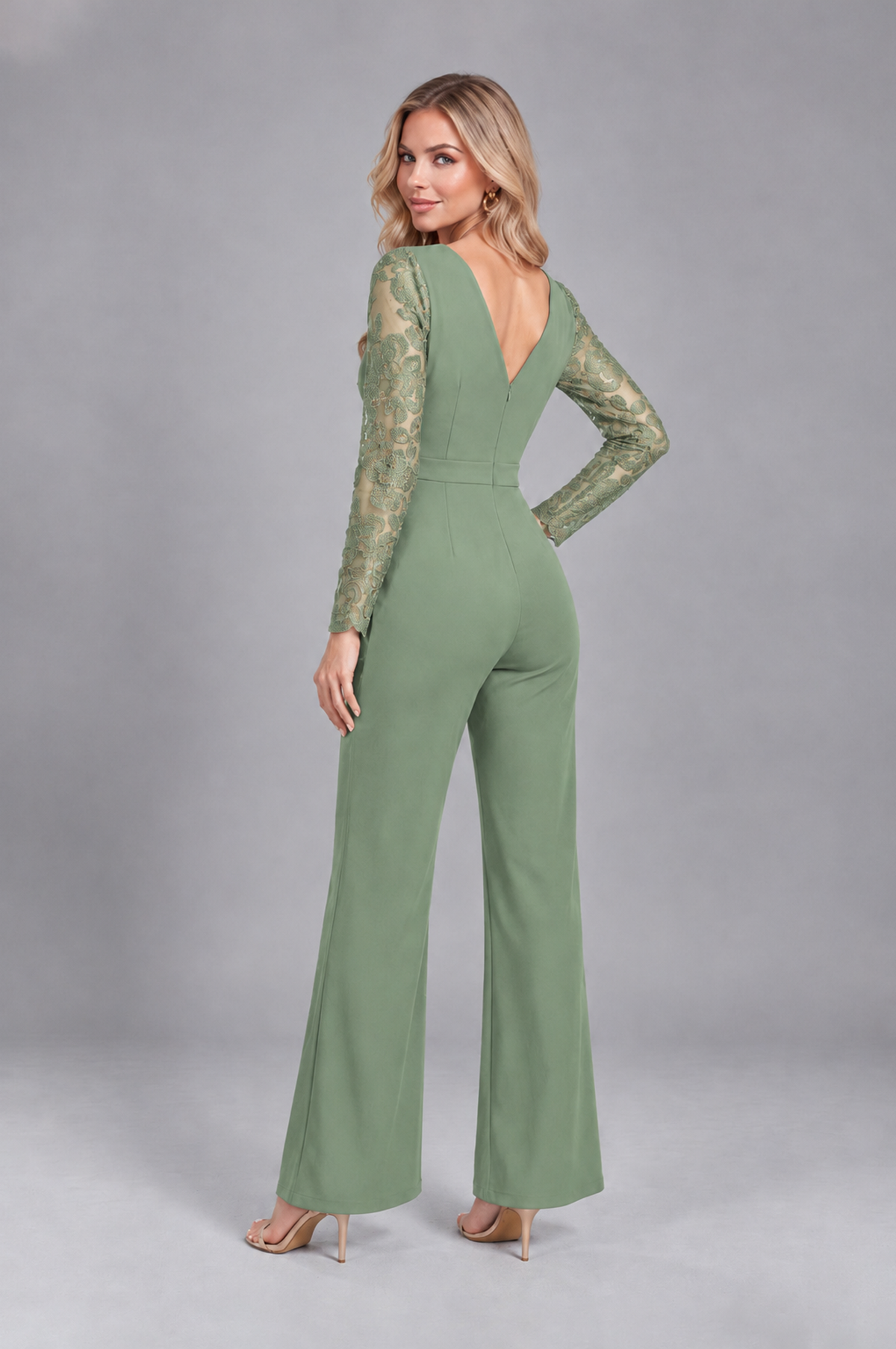 BOLODOO Sage Green Lace Long-Sleeve V-Neck Mother Pant Suit - Sage Green - Sage Green_2