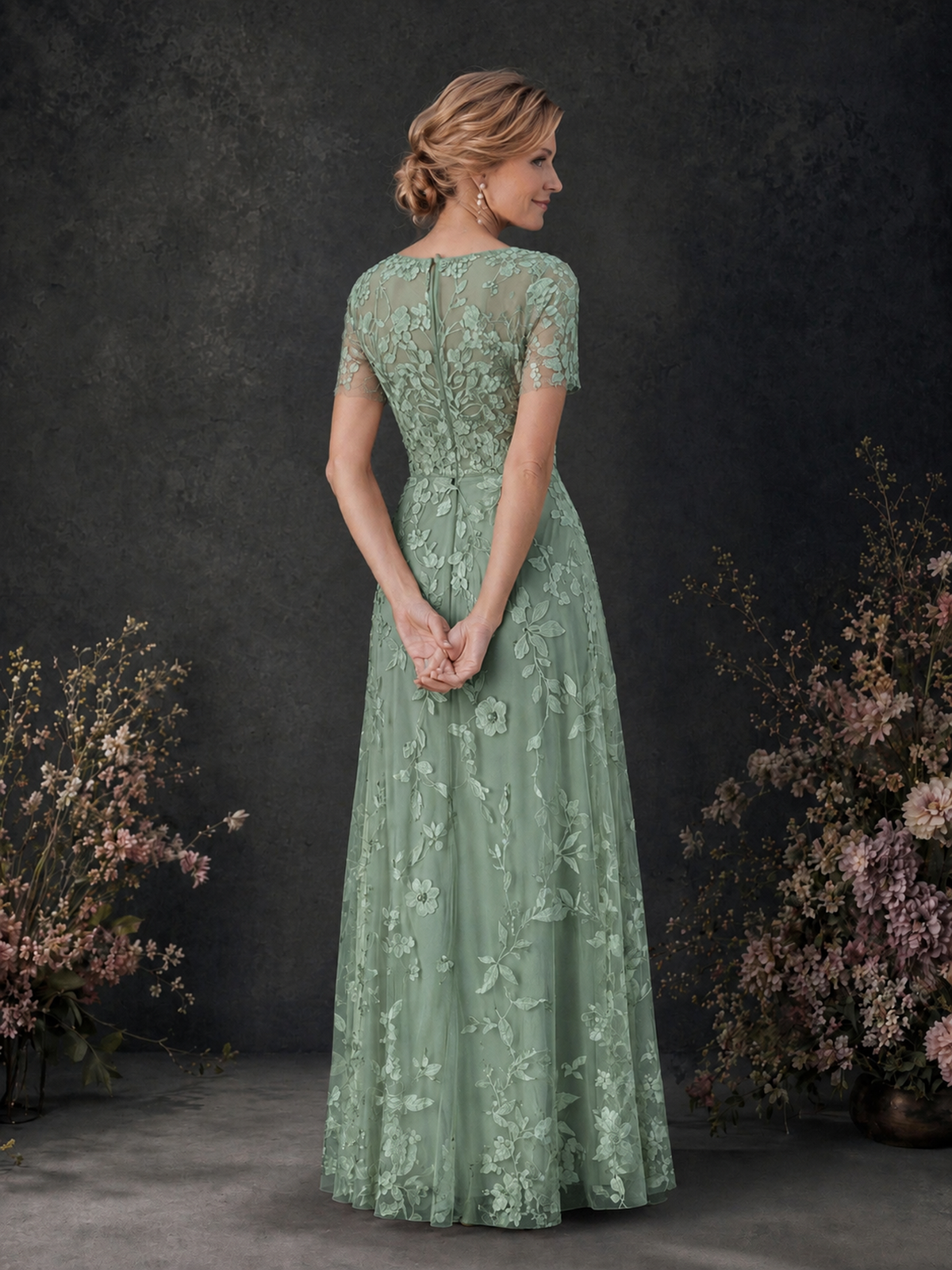 BOLODOO Sage Green 3D Floral Embroidered Lace V-Neck Short Sleeve A-Line Maxi Dress - Sage Green