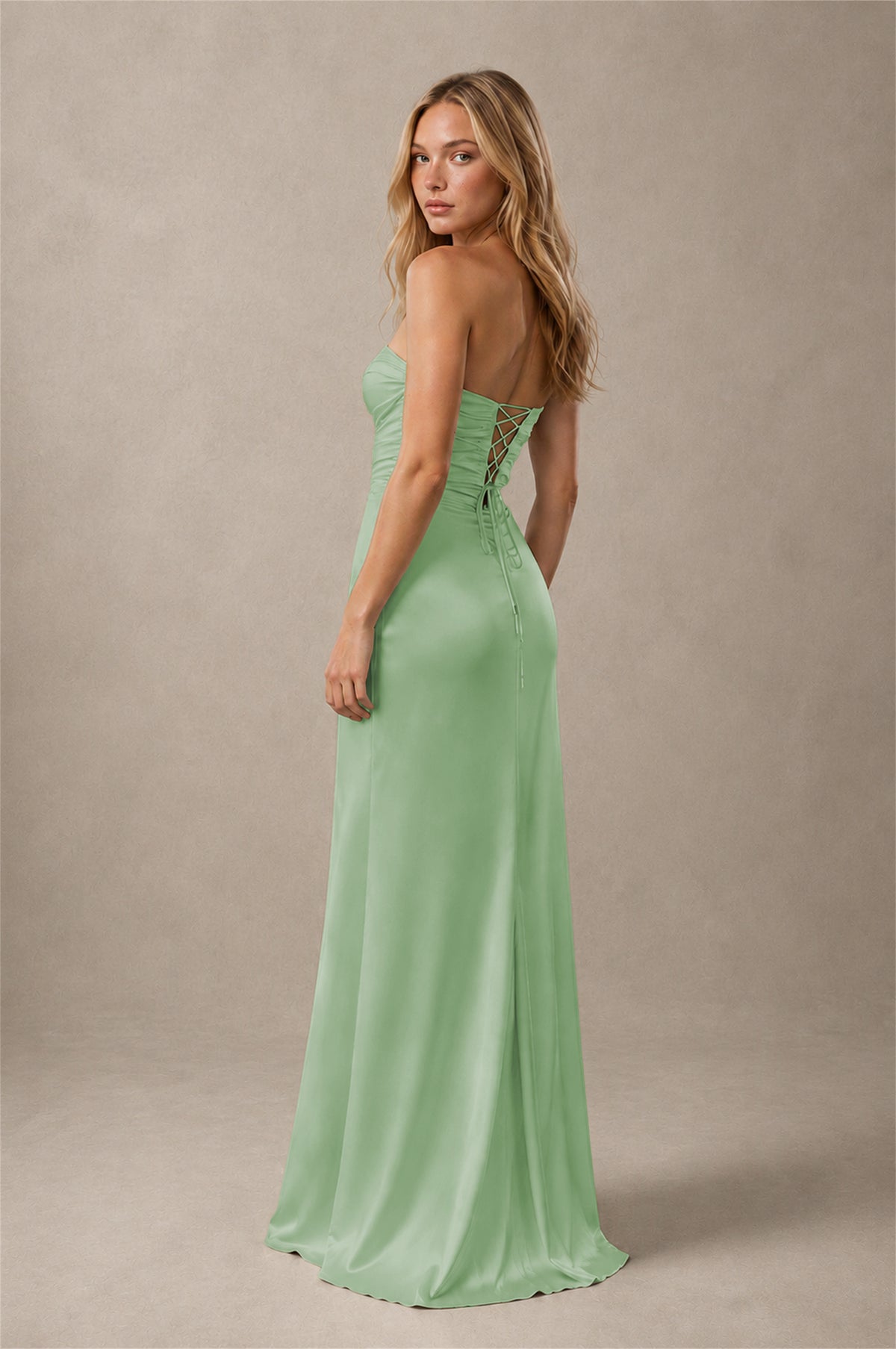 BOLODOO Sage Green Sweetheart Strapless Twist Knot Cutout Lace-Up Back Satin Mermaid Maxi Dress - Sage Green - Sage Green(2)