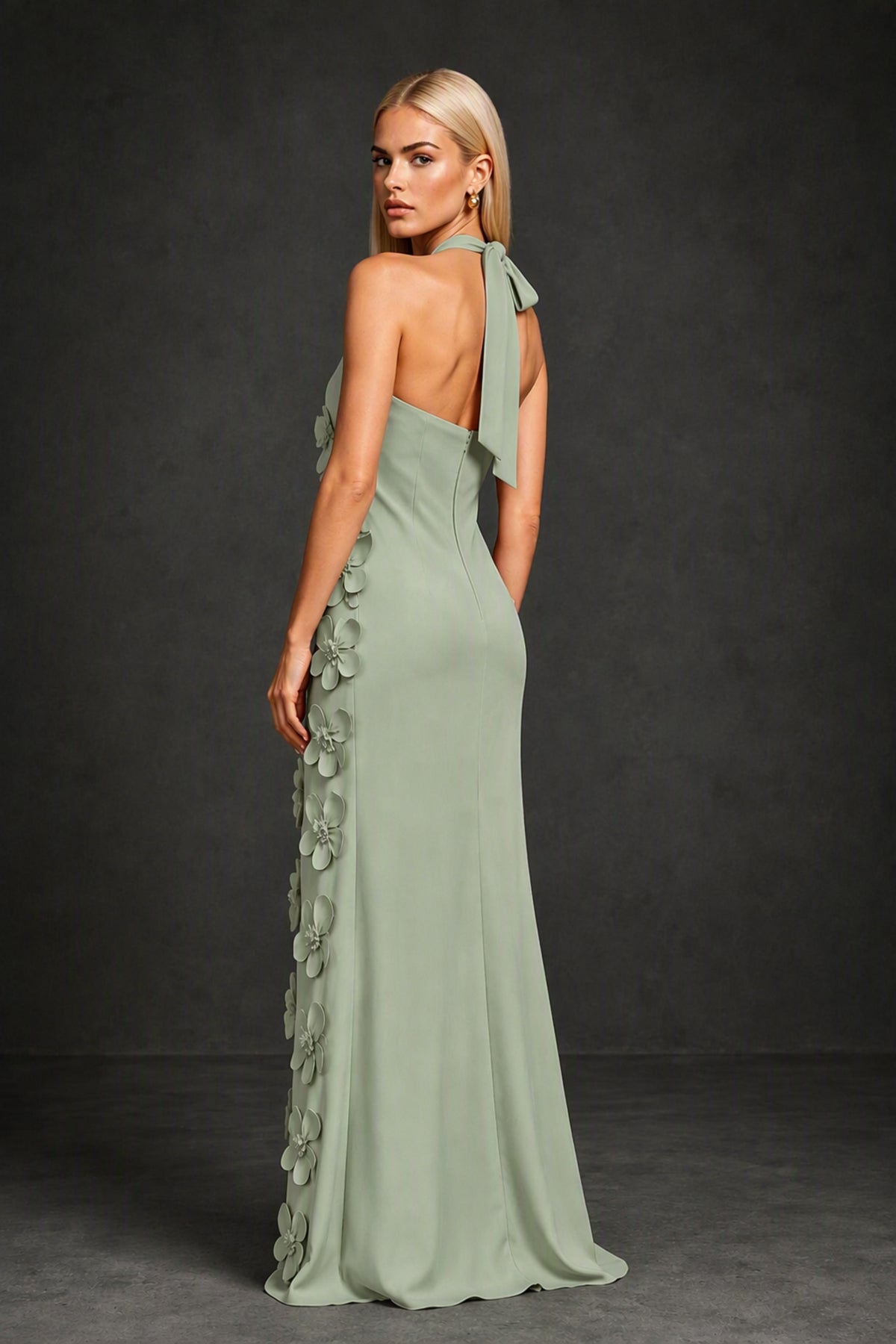 BOLODOO Sage Green Cross Halter Neck 3D Floral Appliqué Backless Mermaid Maxi Gown - Sage Green