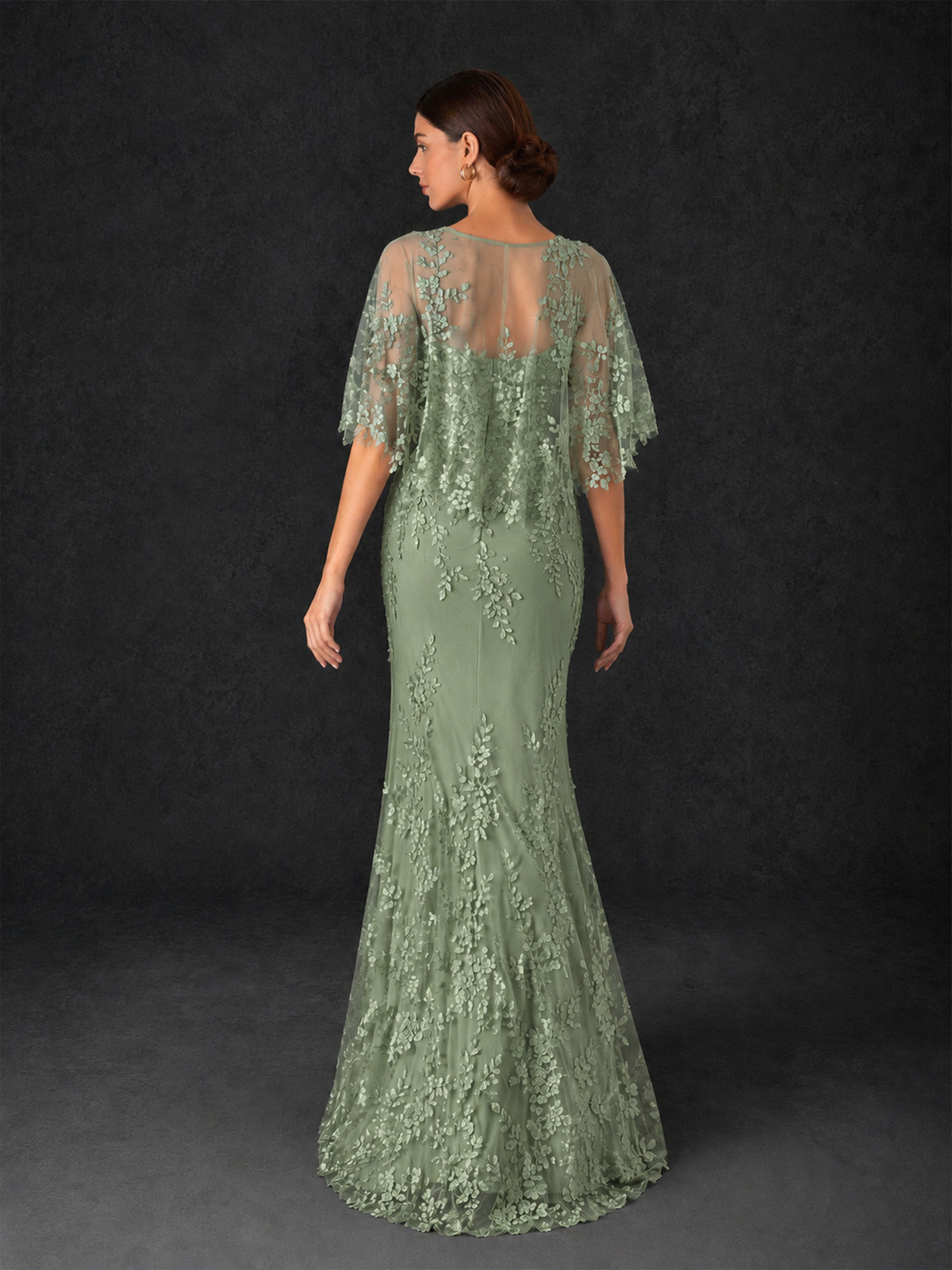 BOLODOO Mocha Sage Green Botanical Lace Flutter Sleeve Mermaid Gown - Sage Green